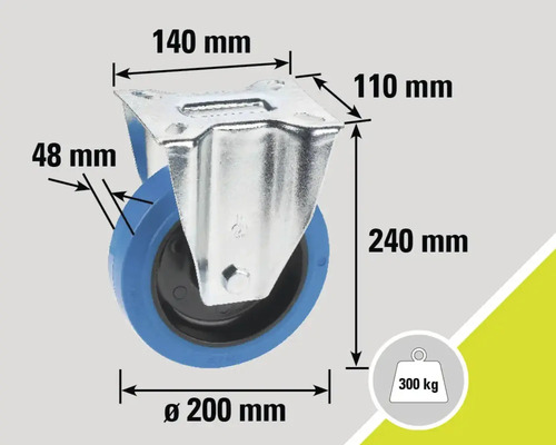 Roue avec des dimensions de 140 mm x 110 mm, diamètre de 200 mm, hauteur de 240 mm et capacité de charge de 300 kg
