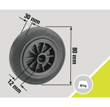 Roue avec des dimensions de 80 millimètres de hauteur, 30 millimètres de largeur de pneu et 12 millimètres de diamètre d'alésage d'axe, capacité de charge 40 kilogrammes