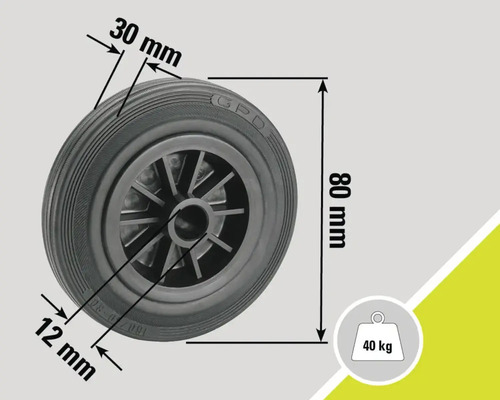 Roue avec des dimensions de 80 millimètres de hauteur, 30 millimètres de largeur de pneu et 12 millimètres de diamètre d'alésage d'axe, capacité de charge 40 kilogrammes