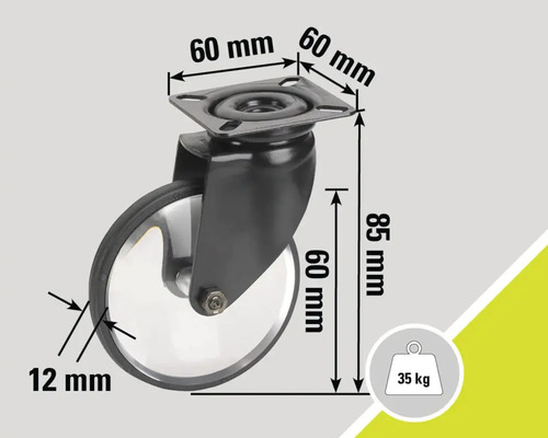 Lenkrolle mit den Maßen 60 mm x 60 mm, Höhe 85 mm und einer Traglast von 35 kg.