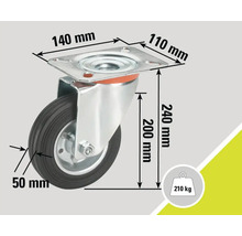 Roue pivotante avec des dimensions de 140 mm sur 110 mm, une épaisseur de roue de 50 mm, une hauteur de construction de 240 mm et une capacité de charge de 210 kilogrammes.