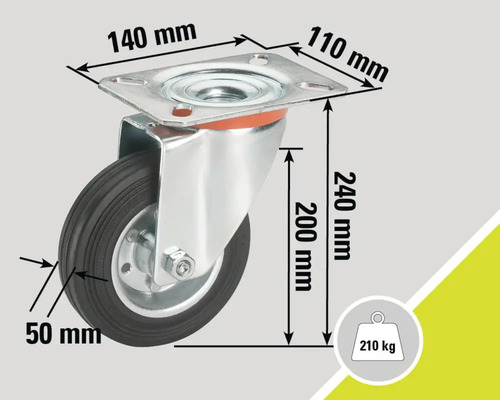 Roue pivotante avec des dimensions de 140 mm sur 110 mm, une épaisseur de roue de 50 mm, une hauteur de construction de 240 mm et une capacité de charge de 210 kilogrammes.