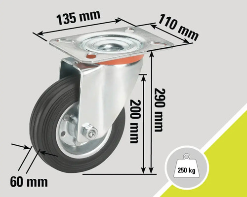 Roue pivotante avec dimensions 135 mm par 110 mm, diamètre de roue 200 mm, largeur de roue 60 mm et capacité de charge 250 kg
