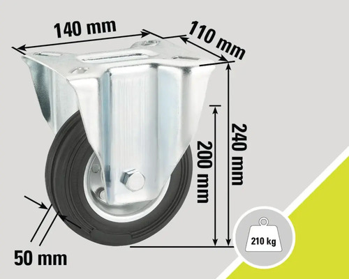 Roue pivotante avec les dimensions 140 mm par 110 mm, une hauteur de roue de 200 mm, une hauteur de construction de 240 mm et une largeur de roue de 50 mm avec une capacité de charge de 210 kg