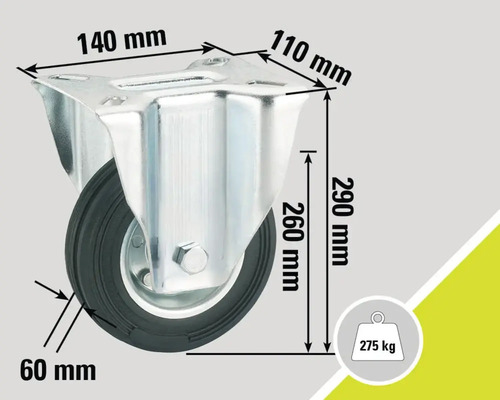Roue pivotante avec des dimensions de 140 mm x 110 mm, une hauteur de roue de 290 mm et une capacité de charge de 275 kg