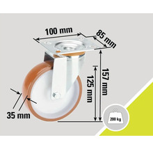 Roue avec dimensions : plaque de montage de 100 mm x 85 mm, hauteur totale de 157 mm, diamètre de roue de 125 mm, largeur de roue de 35 mm et capacité de charge de 200 kg