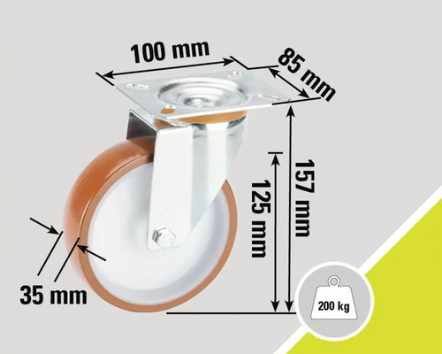 Roue avec dimensions : plaque de montage de 100 mm x 85 mm, hauteur totale de 157 mm, diamètre de roue de 125 mm, largeur de roue de 35 mm et capacité de charge de 200 kg
