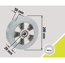Vue détaillée de la roulette avec dimensions : diamètre de 200 mm, largeur du pneu de 50 mm, largeur du roulement de 20 mm et capacité de charge de 400 kg