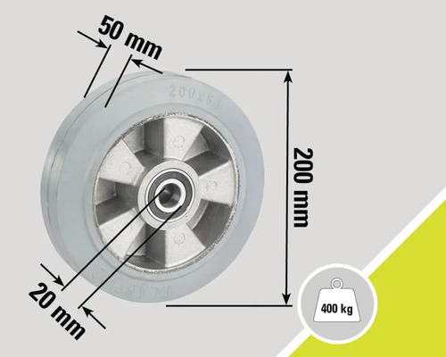 Vue détaillée de la roulette avec dimensions : diamètre de 200 mm, largeur du pneu de 50 mm, largeur du roulement de 20 mm et capacité de charge de 400 kg
