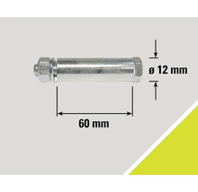 Image d'un boulon avec écrou et indications de dimensions : diamètre 12 mm, longueur 60 mm.