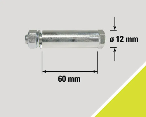 Image d'un boulon avec écrou et indications de dimensions : diamètre 12 mm, longueur 60 mm.