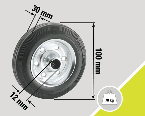 Roue avec pneu et une capacité de charge de 70 kilogrammes, dimensions : 100 mm de diamètre, 30 mm de largeur de pneu, 12 mm d'alésage d'axe