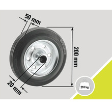 Rad mit Reifen, 200 Millimeter Durchmesser, 50 Millimeter Reifenbreite, 20 Millimeter Achsbohrung, maximale Belastung 210 Kilogramm