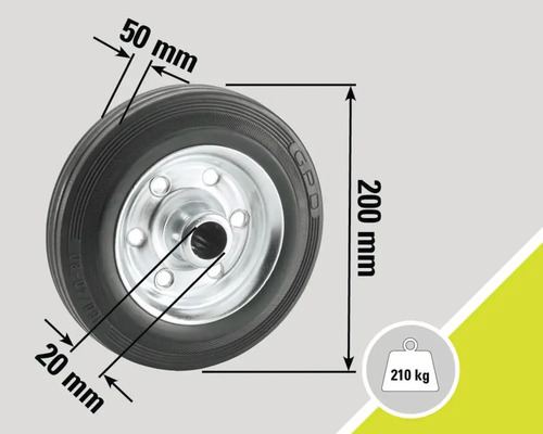 Rad mit Reifen, 200 Millimeter Durchmesser, 50 Millimeter Reifenbreite, 20 Millimeter Achsbohrung, maximale Belastung 210 Kilogramm