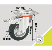 Lenkrolle mit Feststeller und den Massangaben 100 mm, 107 mm, 80 mm, 25 mm und der Traglast 50 Kilogramm.