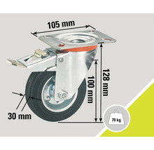 Lenkrolle mit Bremse, Abmessungen und Traglast 70 kg