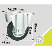 Roue pivotante de dimensions 140 millimètres sur 195 millimètres, diamètre de la roue de 160 millimètres et capacité de charge de 150 kilogrammes