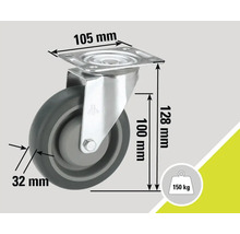 Roue avec des dimensions de 105 mm sur 128 mm et une capacité de charge de 150 kg