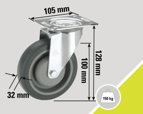 Roue avec des dimensions de 105 mm sur 128 mm et une capacité de charge de 150 kg