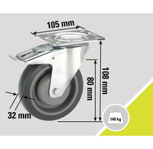 Roue pivotante avec frein, dimensions 105 x 108 millimètres, charge maximale par roue de 140 kilogrammes