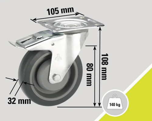 Roue pivotante avec frein, dimensions 105 x 108 millimètres, charge maximale par roue de 140 kilogrammes