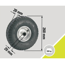 Rad mit den Maßen 260 Millimeter Höhe und 20 Millimeter Breite mit einer Traglast von 200 Kilogramm