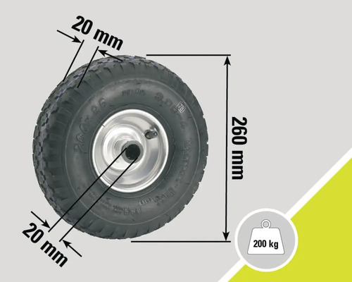 Rad mit den Maßen 260 Millimeter Höhe und 20 Millimeter Breite mit einer Traglast von 200 Kilogramm