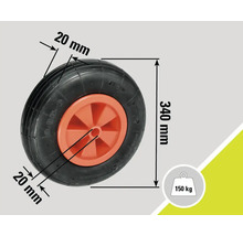 Roue de brouette avec des dimensions de 340 mm de diamètre et 20 mm de largeur de pneu, capacité de charge maximale de 150 kg