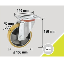 Roue pivotante avec les dimensions 140 mm x 150 mm x 190 mm et une capacité de charge de 300 kg