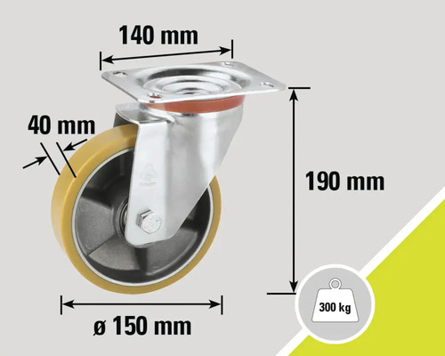 Roue pivotante avec les dimensions 140 mm x 150 mm x 190 mm et une capacité de charge de 300 kg