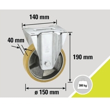 Roue pivotante avec des dimensions de 140 mm x 150 mm x 190 mm et une capacité de charge de 300 kg