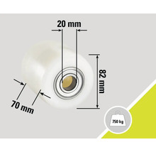 Rolle mit den Maßen 20 mm, 70 mm und 82 mm sowie einer Traglast von 750 kg
