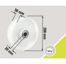 Dimensions du galet : 200 mm de diamètre, 50 mm de largeur de roue, 20 mm d'alésage d'axe, capacité de charge 500 kg