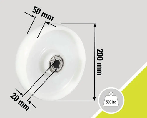 Dimensions du galet : 200 mm de diamètre, 50 mm de largeur de roue, 20 mm d'alésage d'axe, capacité de charge 500 kg