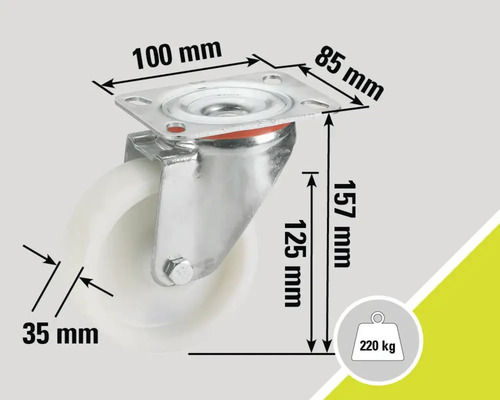 Rolle mit Platte, Maße 100 mm x 85 mm, Raddurchmesser 125 mm, Radbreite 35 mm, Bauhöhe 157 mm, Traglast 220 kg