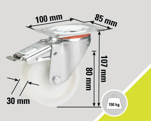 "Rollenbock mit Bremse und Abmessungen: 100 mm x 85 mm Montageplatte, 107 mm Höhe, 80 mm Achsenhöhe und 30 mm Raddurchmesser