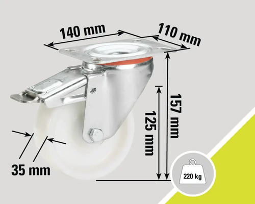 Lenkrolle mit Feststeller und den Maßen 140 mm mal 110 mm