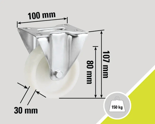 Rollenuntersatz mit einer Traglast von 150 Kilogramm und den Maßen 100 x 107 x 30 Millimeter.