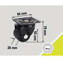 Roue avec des dimensions de 84 mm par 79 mm et une capacité de charge de 300 kg