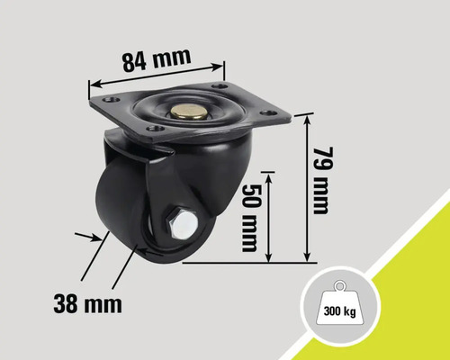 Roue avec des dimensions de 84 mm par 79 mm et une capacité de charge de 300 kg