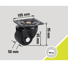 Lenkrolle mit den Maßen 105 mm mal 95 mm und einer Traglast von 500 kg