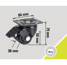 Roue pivotante avec frein et les dimensions 84 mm, 79 mm, 50 mm et 38 mm, capacité de charge 300 kilogrammes.