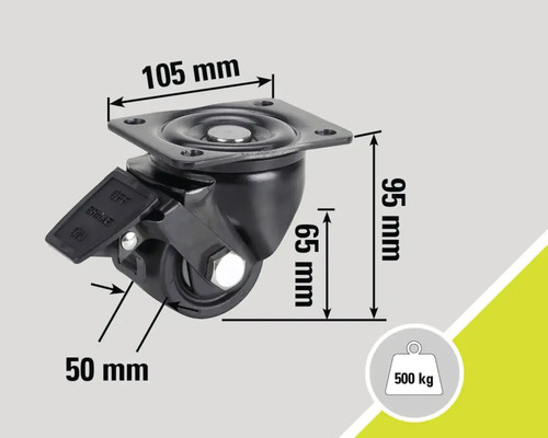 Lenkrolle mit Bremse und den Maßen 105 mm x 95 mm x 65 mm, Traglast 500 kg