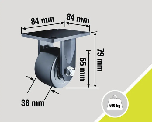 Rollenbock mit den Maßen 84 mm x 84 mm, einer Bauhöhe von 79 mm und einer Rollenbreite von 38 mm, Traglast 600 kg