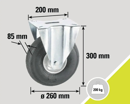 Roue pivotante avec des dimensions de 200 mm x 85 mm x 300 mm, un diamètre de 260 mm et une capacité de charge de 200 kg