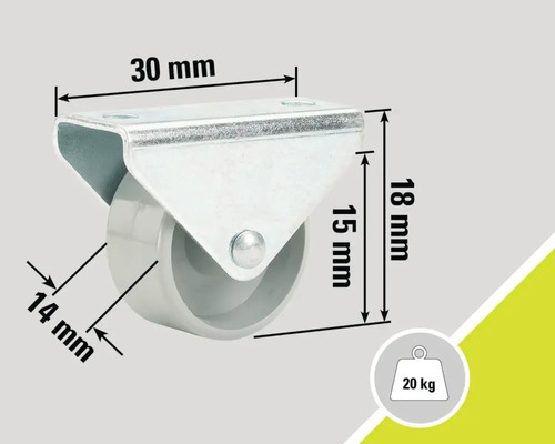 Roue pivotante avec des dimensions de 30 mm par 18 mm, diamètre de la roue 14 mm, capacité de charge 20 kg