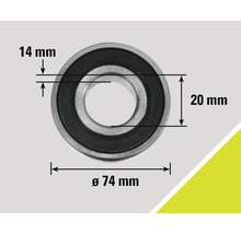 Image d'un roulement à billes avec des dimensions de 14 millimètres, 20 millimètres et un diamètre de 74 millimètres.