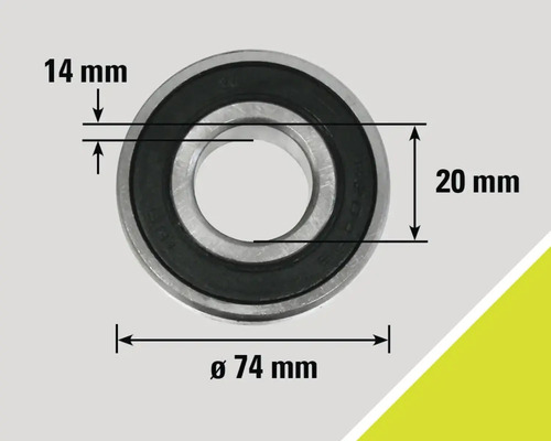 Image d'un roulement à billes avec des dimensions de 14 millimètres, 20 millimètres et un diamètre de 74 millimètres.