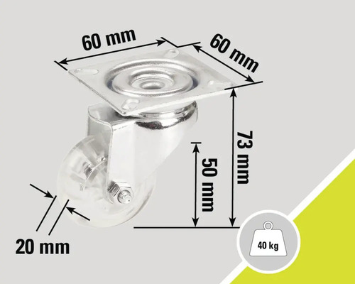 Roulette pour meubles avec une capacité de charge de 40 kilogrammes et des dimensions de 60 x 60 x 73 millimètres