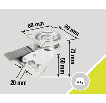 Roue pivotante avec frein, dimensions 60 x 60 x 73 mm, taille de la roue 50 mm, capacité de charge 40 kg